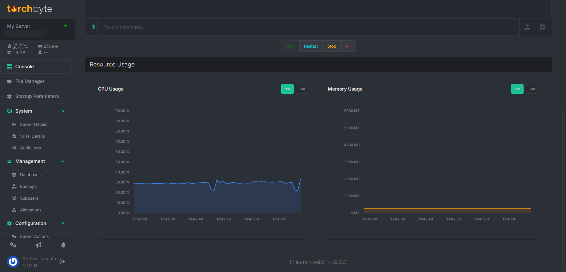 The Torchbyte game panel: live console, file manager, backups and CPU/memory usage graphs for a running server.